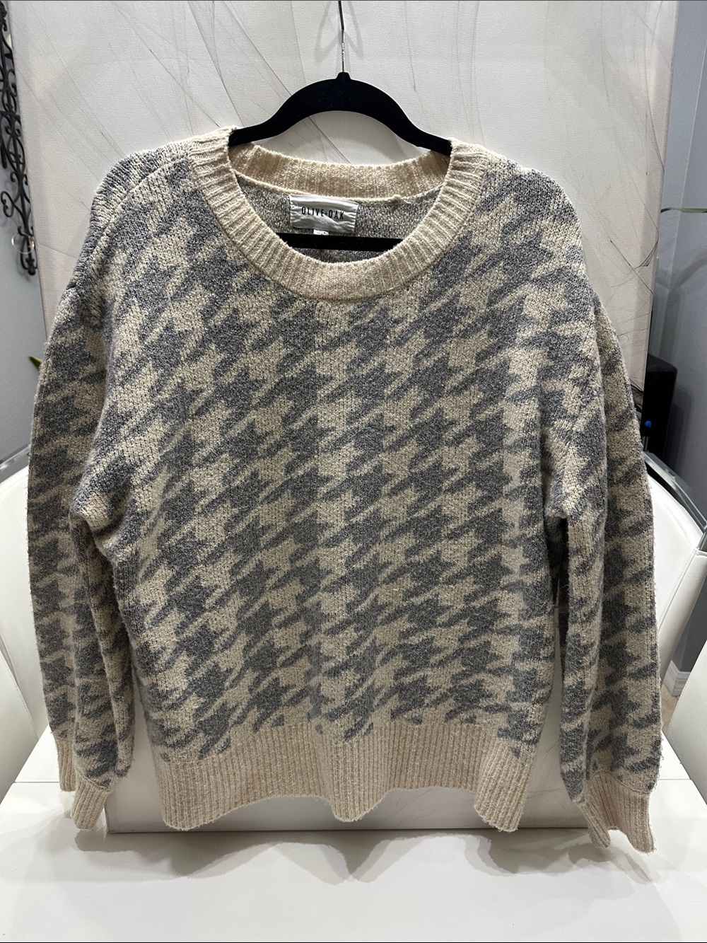 Olive & Oak Grey Houndstooth Oversized Pullover Sweater L